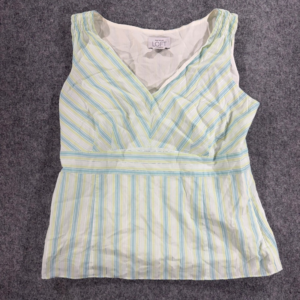Ann Taylor LOFT Women Green Blue Striped V-Neck Empire Waist Sleeveless Blouse